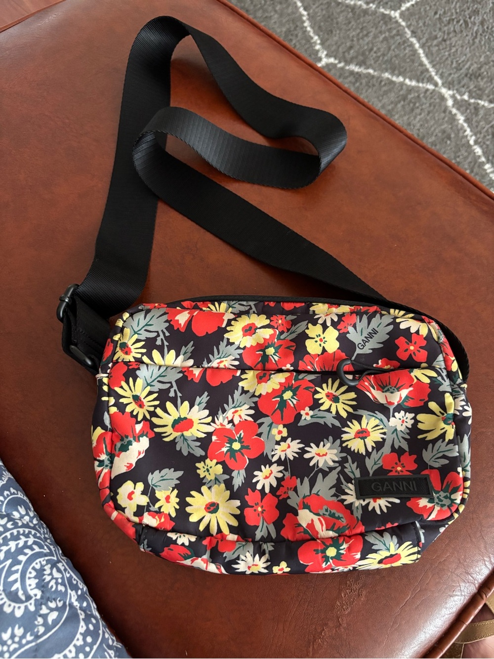 Ganni Black Crossbody Bag with Red and Yellow Floral Print
